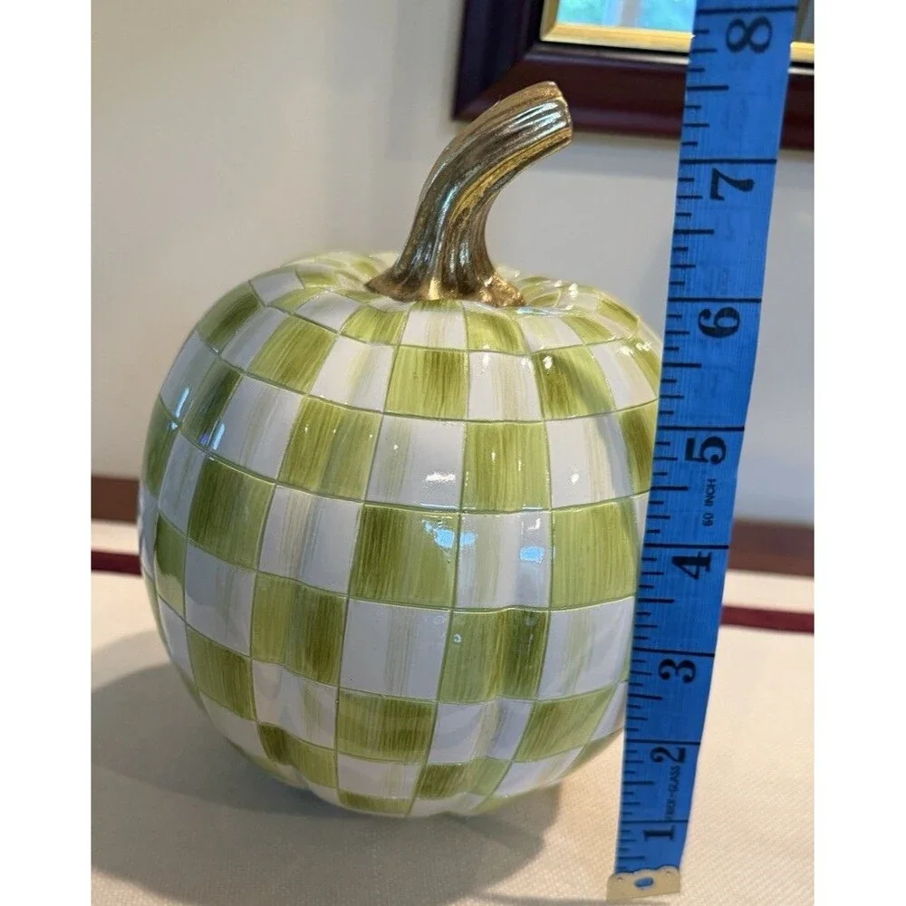 MacKenzie-Childs Moss Green Check Mini Pumpkin New IN BOX! Autumn Decor
